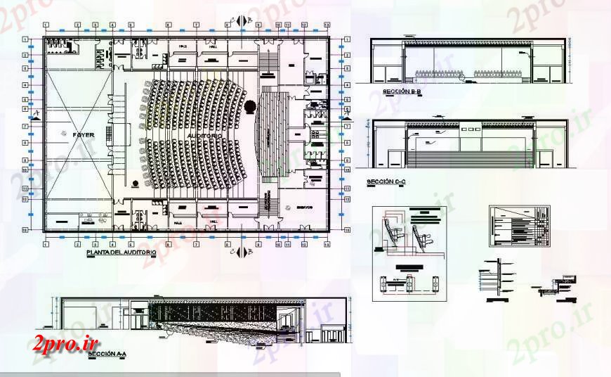 دانلود نقشه تئاتر چند منظوره - سینما - سالن کنفرانس - سالن همایشطرحی ساختمان سالن و بخش جزئیات دو بعدی 33 در 50 متر (کد132622)