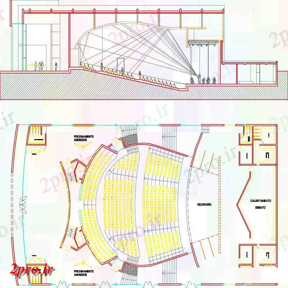 دانلود نقشه تئاتر چند منظوره - سینما - سالن کنفرانس - سالن همایشطرحی ساختمان تئاتر و بخش جزئیات چیدمان دو بعدی چند پیچیده 30 در 60 متر (کد132623)