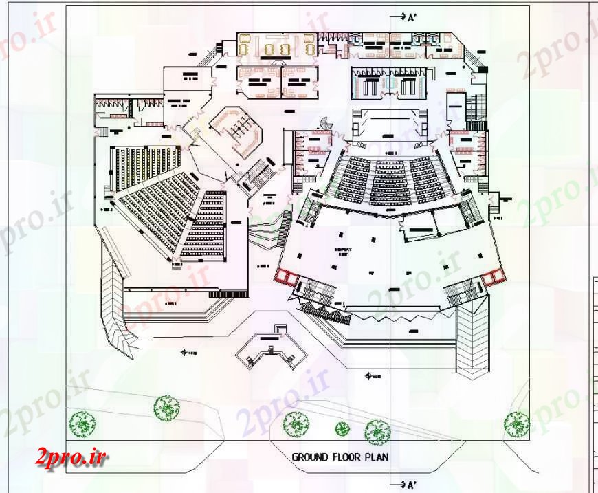 دانلود نقشه تئاتر چند منظوره - سینما - سالن کنفرانس - سالن همایشطرحی طبقه از چند پیچیده تئاتر جزئیات ساختمان دو بعدی 60 در 86 متر (کد132626)