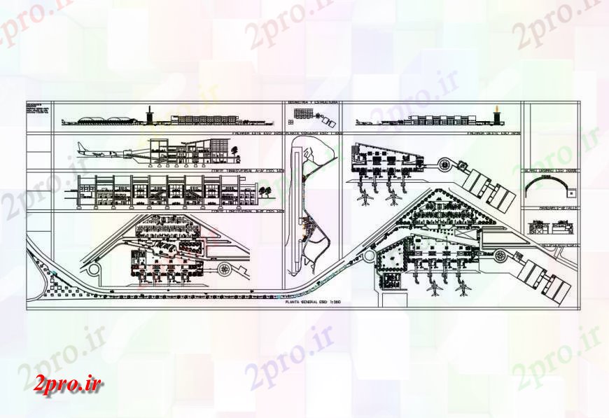 دانلود نقشه فرودگاه فرودگاه ملی ساخت و ساز نما، بخش و طرحی جزئیات (کد132639)
