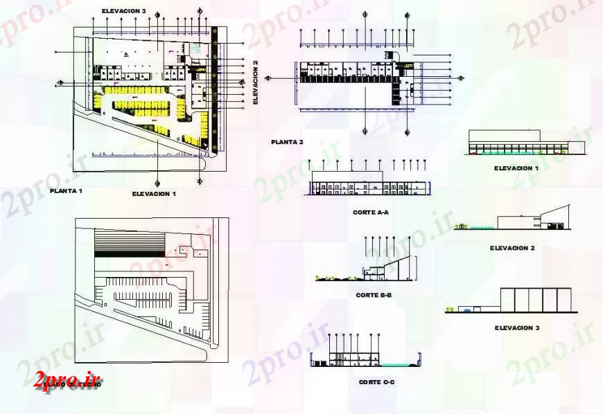 دانلود نقشه نمایشگاه ; فروشگاه - مرکز خرید طرحی فروشگاه ساختمان، نما و بخش چیدمان دو بعدی 55 در 87 متر (کد132644)