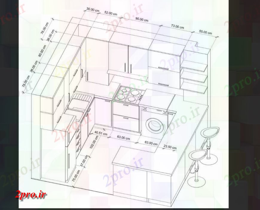 دانلود نقشه طراحی مبلمان آشپزخانه مدل تریدی از ساختار آشپزخانه و تجهیزات  جزئیات اتوکد (کد132681)