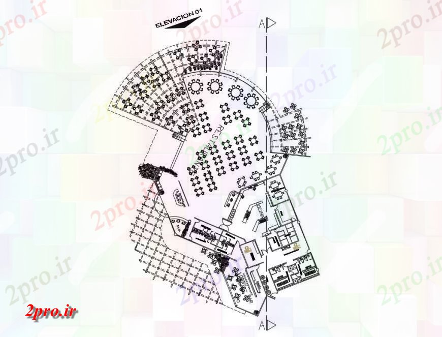 دانلود نقشه هتل - رستوران - اقامتگاه تجملات توزیع رستوران طرحی 242 در 396 متر (کد132713)