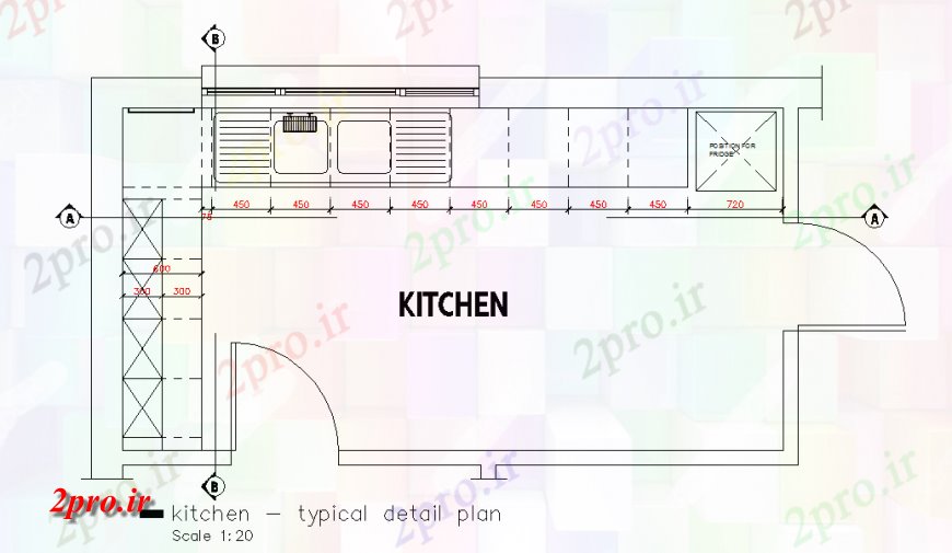 دانلود نقشه آشپزخانه جزئیات آشپزخانه بالا طرح 7 در 13 متر (کد132776)