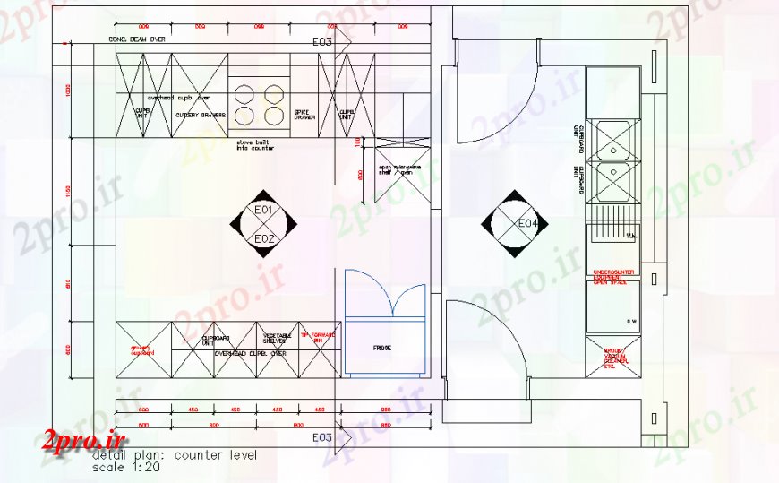 دانلود نقشه آشپزخانه طراحی جزئیات سطح ضد طرح 11 در 16 متر (کد132785)