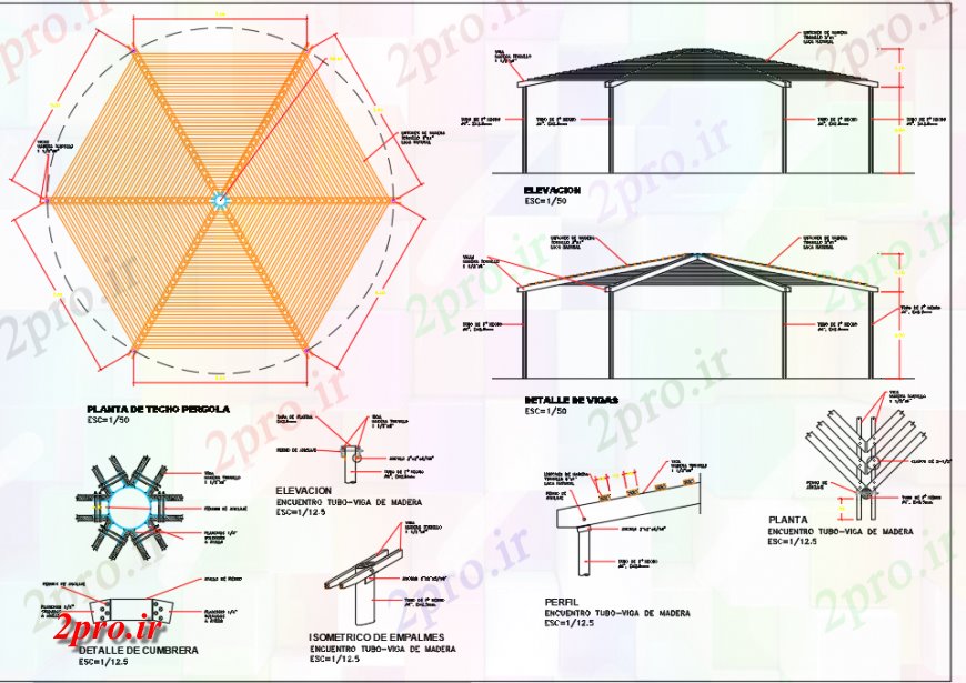 دانلود نقشه جزئیات ساخت و ساز سقف جزئیات ساختار طراحی  دو بعدی  و نما  (کد132837)