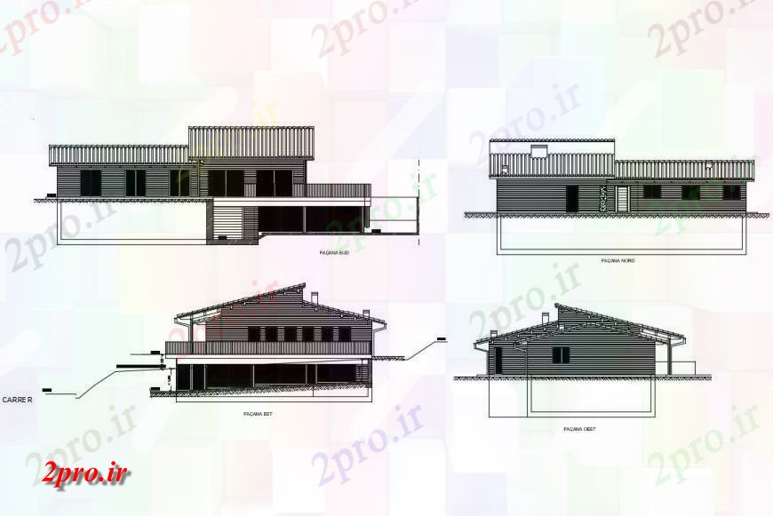 دانلود نقشه مسکونی  ، ویلایی ، آپارتمان  تمام جزئیات نما طرفه از یک خانواده خانه (کد132888)