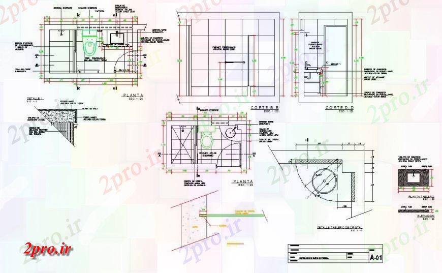 دانلود نقشه حمام مستر برنامه و جزئیات مقطعی از سرویس بهداشتی حمام دو بعدی 1 در 2 متر (کد132904)