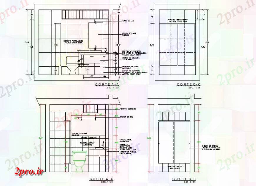 دانلود نقشه حمام مستر بهداشتی توالت بلوک 1 در 2 متر (کد132905)