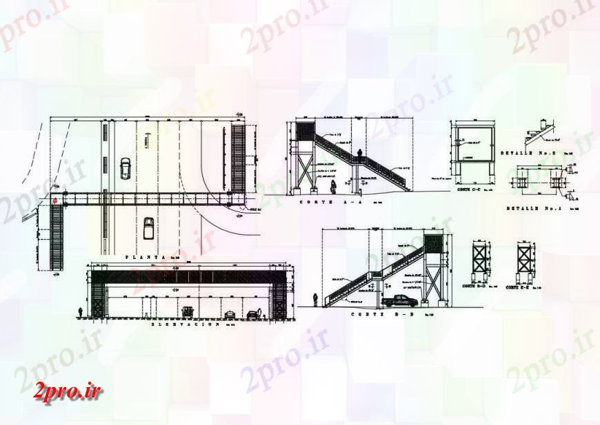 دانلود نقشه جزئیات ساخت پل پل عابر پیاده با بخش قفس، نما، طرحی و ساخت و ساز جزئیات (کد132938)