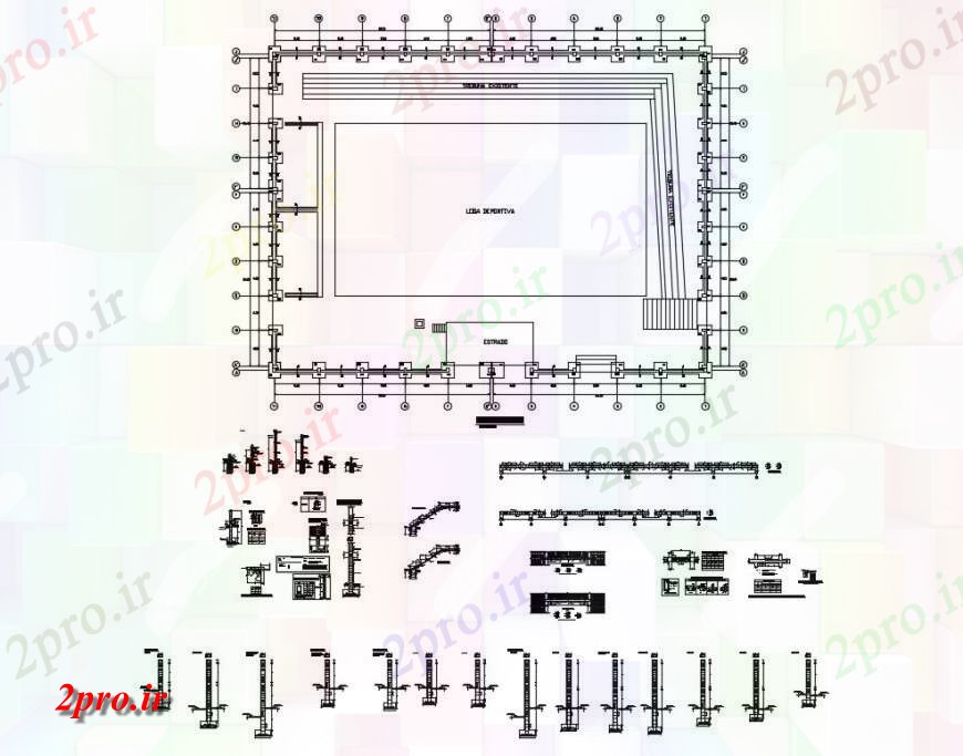 دانلود نقشه جزئیات ساخت و ساز جزئیات ساخت و ساز راه پله با سقف و ستون از ورزش مرکز 40 در 52 متر (کد132941)
