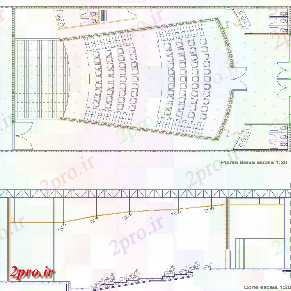 دانلود نقشه تئاتر چند منظوره - سینما - سالن کنفرانس - سالن همایشبرنامه و بخش تئاتر متعدد ساخت طرحی بلوک ساخت و ساز اتوکد 16 در 22 متر (کد132999)