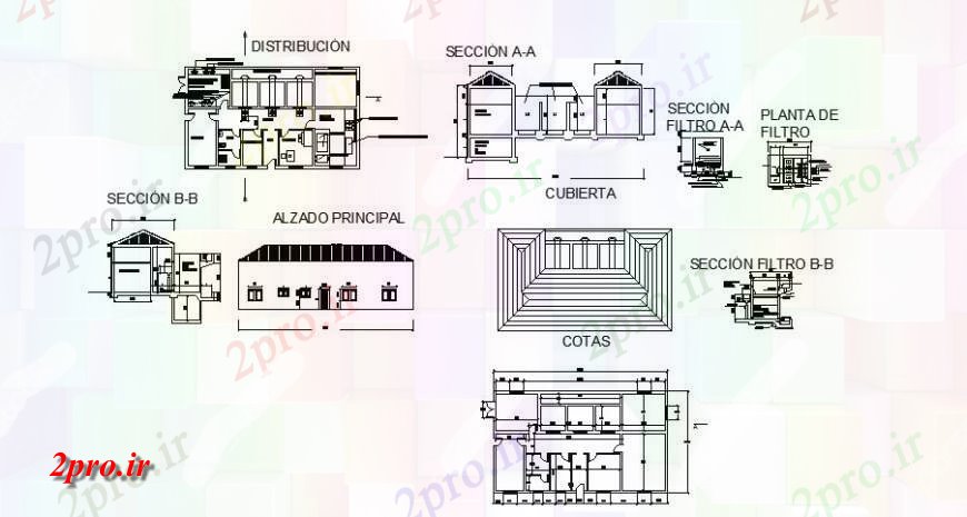 دانلود نقشه جزئیات طراحی تسویه خانهطراحی کارخانه تصفیه آب، نما و بخش جزئیات طرحی دو بعدی اتوکد 10 در 17 متر (کد133022)