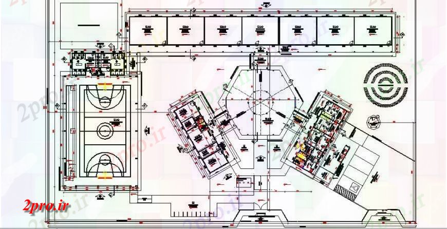 دانلود نقشه دانشگاه ، آموزشکده ، مدرسه ، هنرستان ، خوابگاه - جزئیات طرحی توزیع مدرسه ابتدایی با زمین های ورزشی طراحی جزئیات 39 در 72 متر (کد133037)