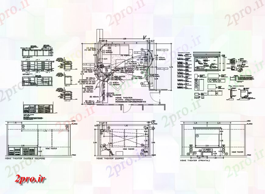 دانلود نقشه تاسیسات برق سینمای خانگی نما، بخش و طرحی های الکتریکی جزئیات 5 در 6 متر (کد133043)