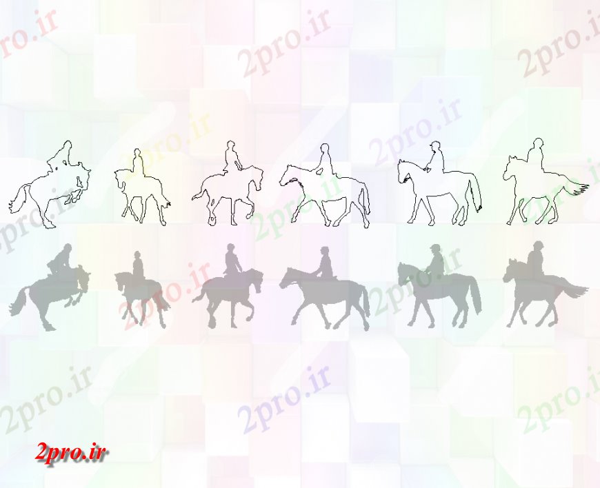دانلود نقشه بلوک حیوانات اسب و موقعیت سوار مختلف با او سایه با طرحی بلوک (کد133207)