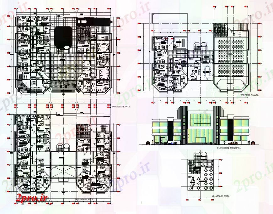 دانلود نقشه هتل - رستوران - اقامتگاه هتل نما جزئیات ساخت و ساز و طراحی 34 در 42 متر (کد133222)