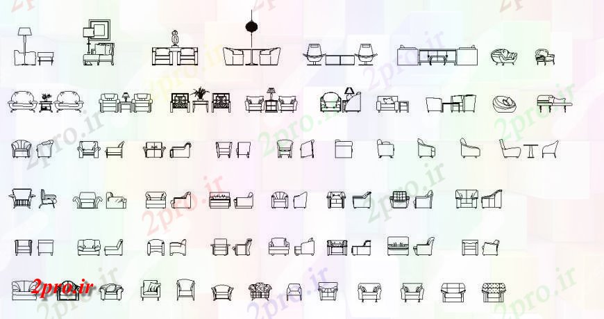 دانلود نقشه بلوک مبلمان انواع مختلفی از صندلی، مبل و مبلمان اتاق نشیمن جزئیات (کد133267)