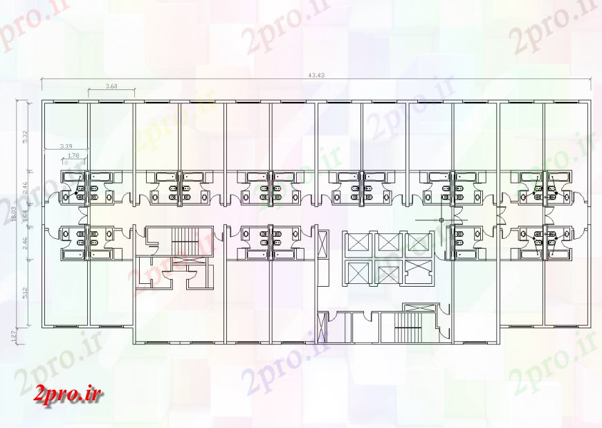 دانلود نقشه هتل - رستوران - اقامتگاه طرحی طبقه از هتل با معماری 18 در 43 متر (کد133281)