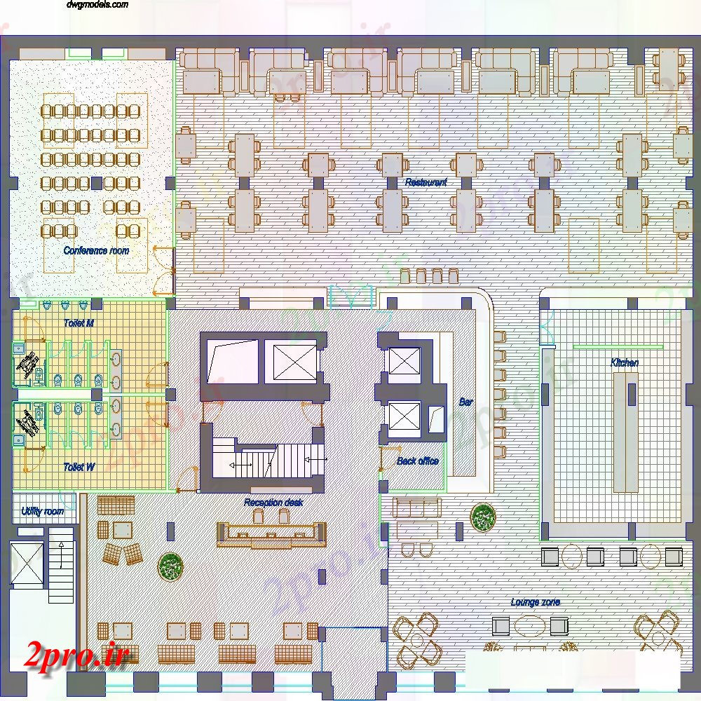 دانلود نقشه هتل - رستوران - اقامتگاه طرحی طبقه از هتل با جزئیات از معمار 27 در 35 متر (کد133294)