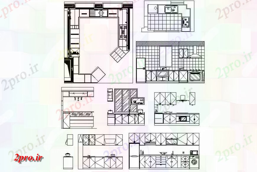 دانلود نقشه آشپزخانه آشپزخانه نما و بخش جزئیات و جزئیات مبلمان (کد133296)