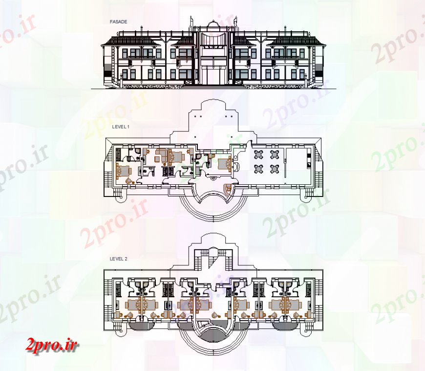 دانلود نقشه هتل - رستوران - اقامتگاه نما با سطح طبقه 1 و 2 طرحی هتل 7 در 32 متر (کد133297)