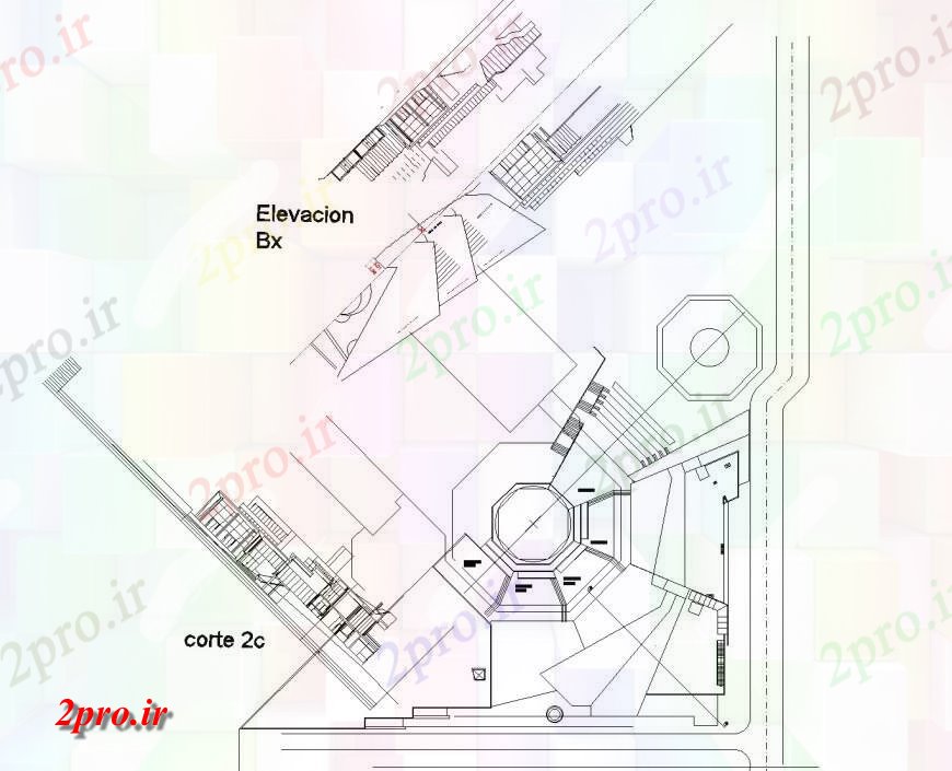 دانلود نقشه ساختمان اداری - تجاری - صنعتی طرحی تراس و نما 34 در 44 متر (کد133430)