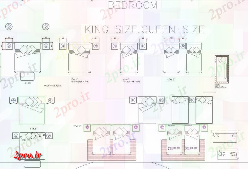 دانلود نقشه دو تخته  تخت بزرگ اتاق و ملکه طرحی اندازه جزئیات (کد133444)