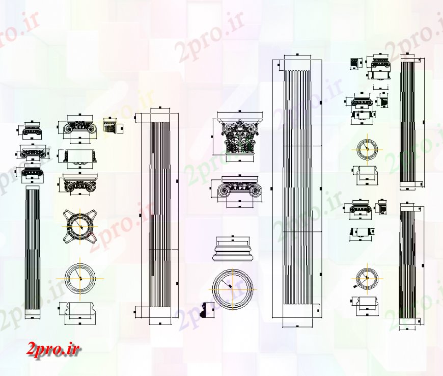 دانلود نقشه بلوک ، آرام ، نماد طرحی داخلی ستون یونی و نما با قسمت های مختلف ستون جزئیات (کد133449)