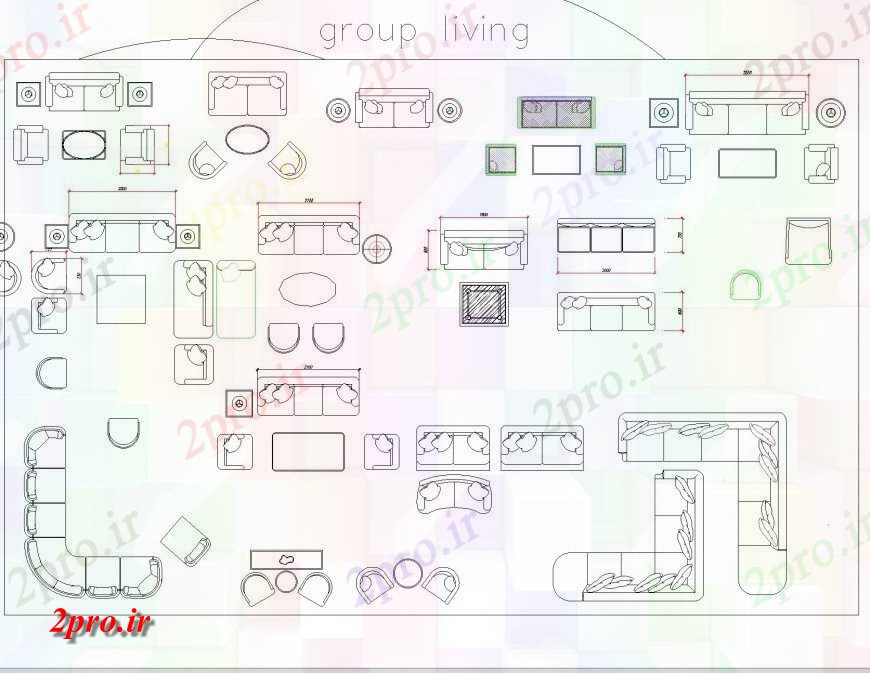 دانلود نقشه طراحی و مبلمان اتاقاتاق نشیمن گروه در جزئیات مبلمان  (کد133450)