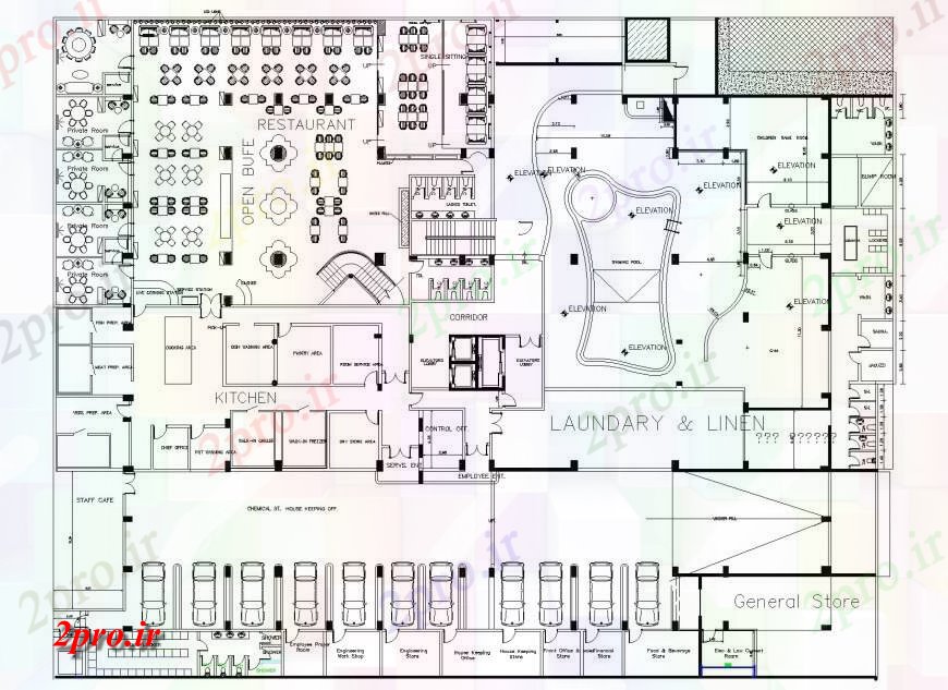 دانلود نقشه هتل - رستوران - اقامتگاه رستوران زیرزمین جزئیات برنامه ریزی 49 در 69 متر (کد133463)