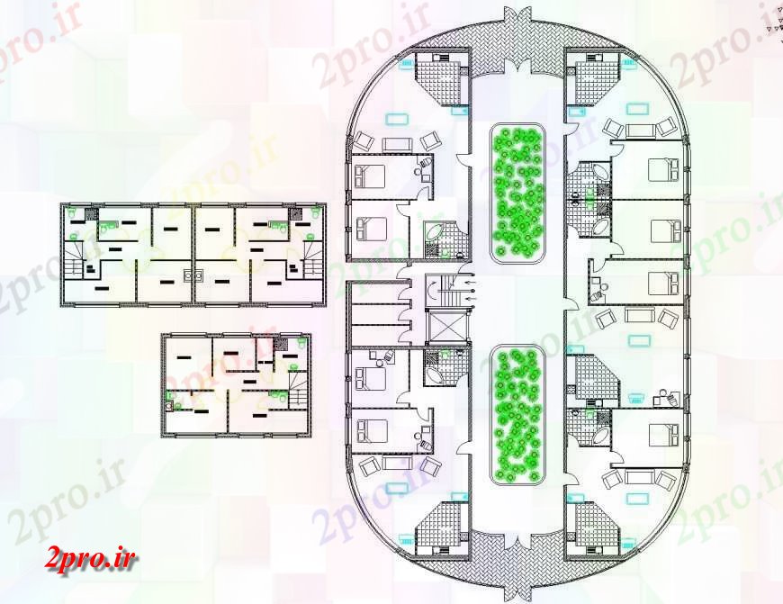 دانلود نقشه هتل - رستوران - اقامتگاه خوابگاه برنامه ریزی اتوکد 238 در 330 متر (کد133565)