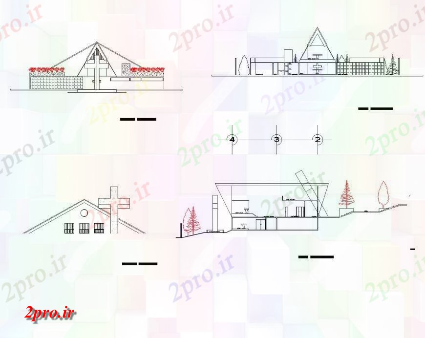 دانلود نقشه کلیسا - معبد - مکان مذهبی طرحی کلیسای کاتولیک و نما جزئیات (کد133572)