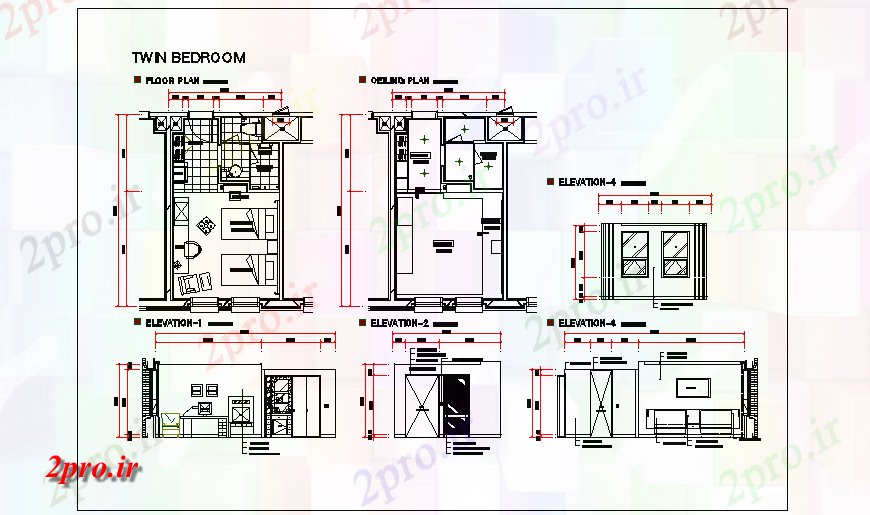 دانلود نقشه هتل - رستوران - اقامتگاه دوقلو اتاق خواب طراحی پروژه اتاق 4 در 7 متر (کد133594)