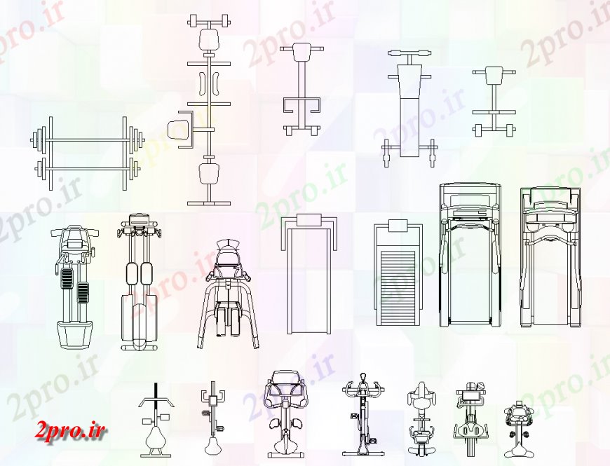 دانلود نقشه ورزشگاه ، سالن ورزش ، باشگاه تناسب اندام طراحی تجهیزات برای جیم منطقه 18 در 33 متر (کد133666)