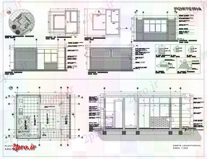 دانلود نقشه آشپزخانه آشپزخانه طرح، نما و بخش جزئیات 5 در 7 متر (کد133699)