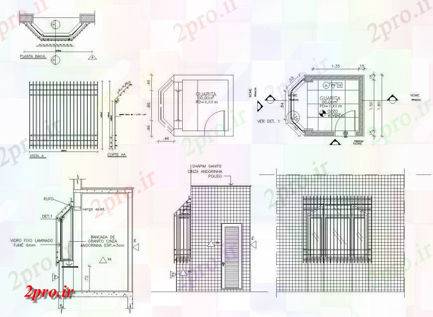 دانلود نقشه ساختمان اداری - تجاری - صنعتی طرحی کابین امنیت، نما و بخش  چیدمان (کد133708)