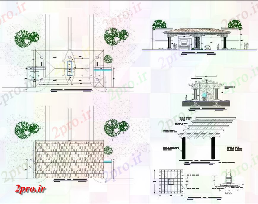 دانلود نقشه ساختمان اداری - تجاری - صنعتی طرحی دروازه اصلی، نما و بخش  (کد133727)