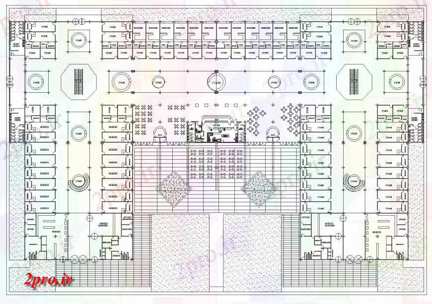 دانلود نقشه هایپر مارکت - مرکز خرید - فروشگاه طرحی پایه طرحی با یک با شرح و 77 در 125 متر (کد133793)