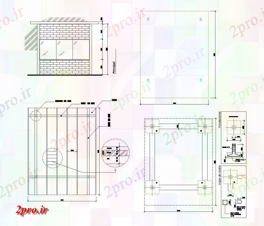 دانلود نقشه طراحی اتوکد پایه بنیاد طرحی و نما خانه جزئیات (کد133796)