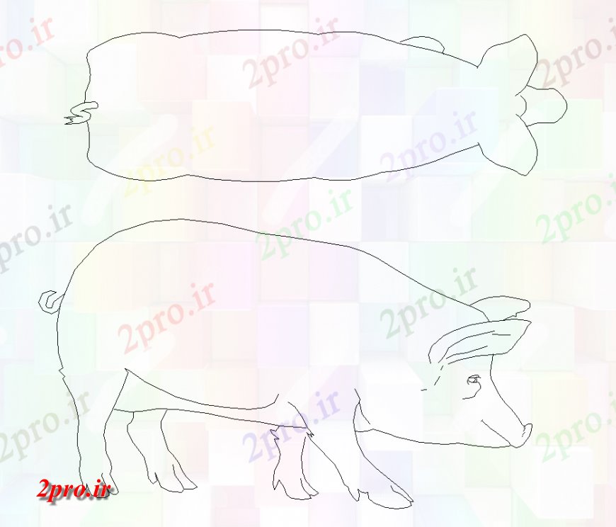 دانلود نقشه بلوک حیوانات طرحی و نما از خوک با جزئیات از بلوک برای حیوانات (کد133820)
