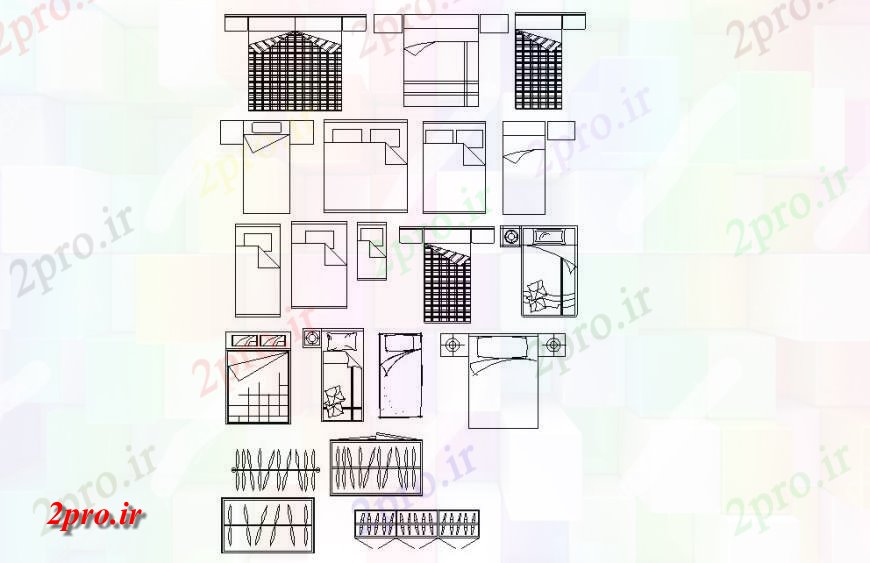 دانلود نقشه بلوک مبلمان طرحی نمای بالای تخت جزئیات (کد133834)