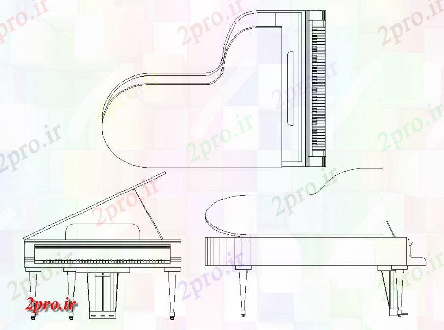 دانلود نقشه بلوک ، آرام ، نماد طرح، نما و جزئیات ایزومتریک پیانو بخشی از آلت موسیقی (کد133843)