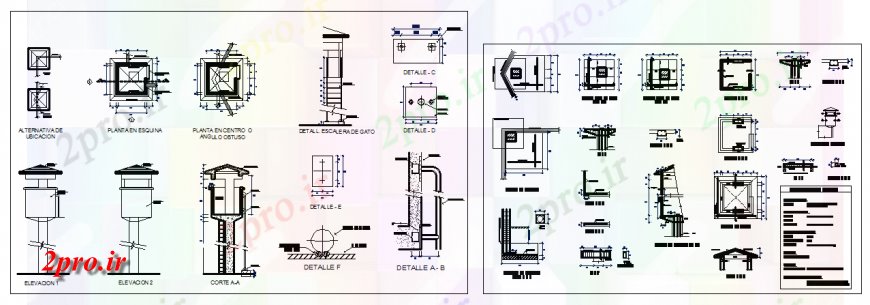 دانلود نقشه ساختمان اداری - تجاری - صنعتی غرفه گارد برج نما مقطعی جزئیات (کد133900)