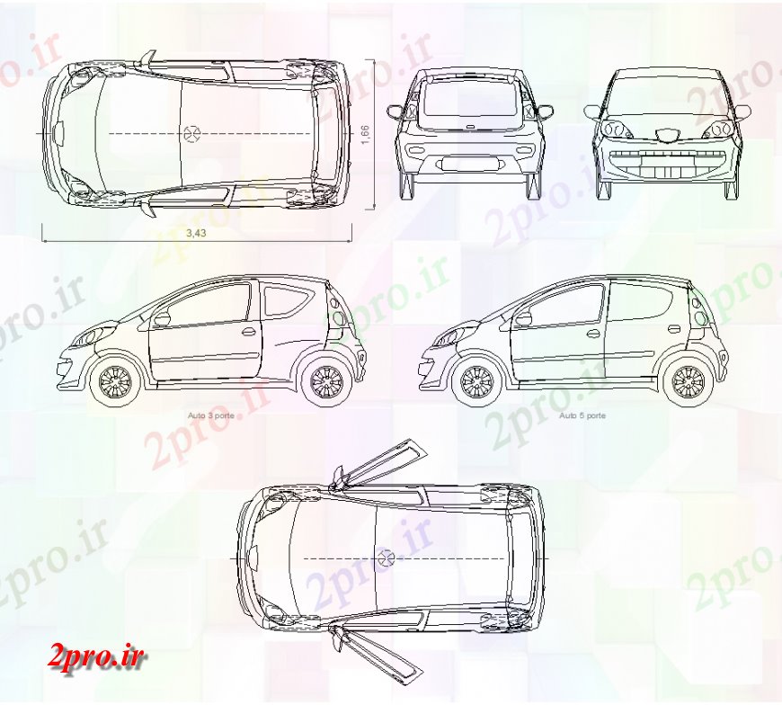 دانلود نقشه بلوک وسایل نقلیه طراحی ماشین با طرح، نما و جزئیات عقب (کد133944)