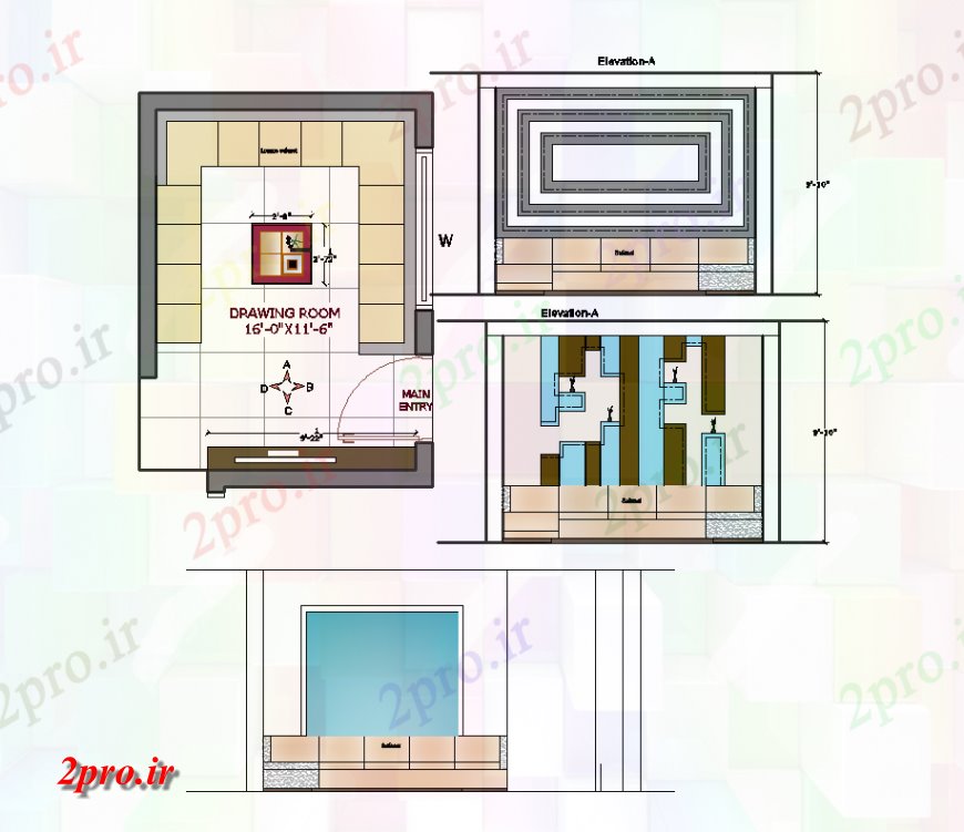 دانلود نقشه اتاق نشیمن  ، حال ، پذیرایی طرحی و نما از رسم داخلی اتاق طراحی  (کد134030)