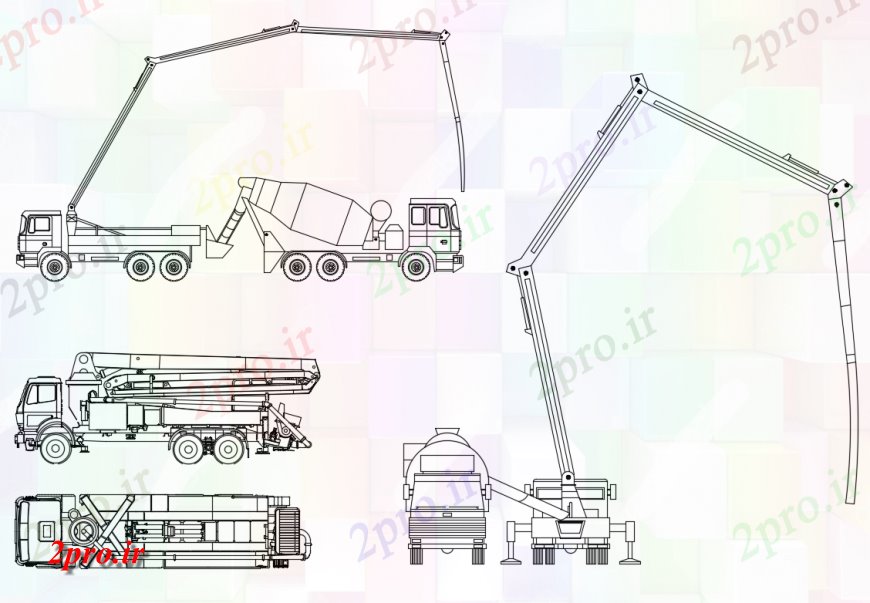 دانلود نقشه بلوک وسایل نقلیه بتن کامیون پمپ بلوک طراحی تمام نما طرفه (کد134085)