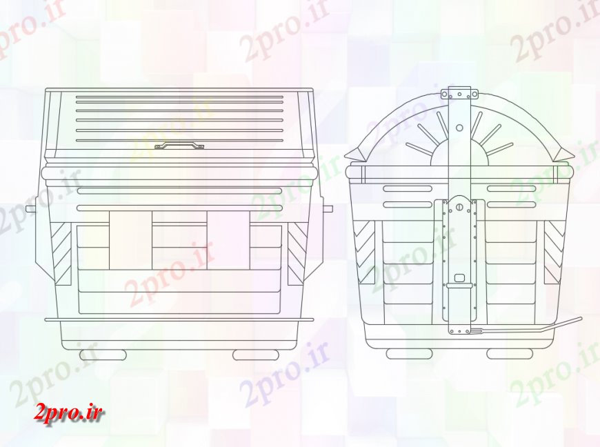 دانلود نقشه بلوک ، آرام ، نماد زباله مقابل ظرف و نما سمت بلوک های  جزئیات (کد134150)