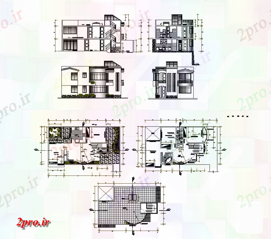 دانلود نقشه مسکونی  ، ویلایی ، آپارتمان  طرحی طبقه و نما مسکن طرحی مربع (کد134175)