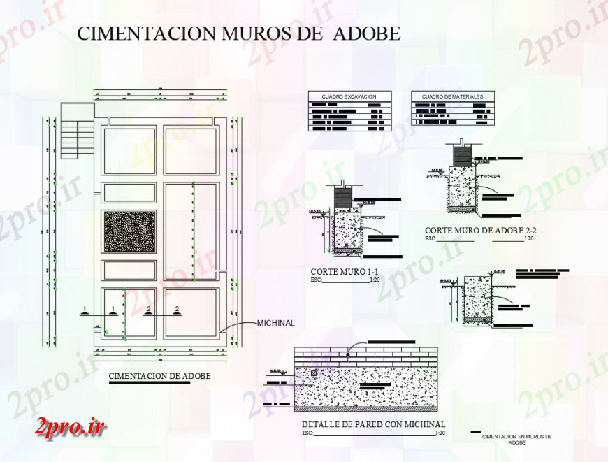 دانلود نقشه طراحی جزئیات ساختار بنیاد Adobe ساخت و ساز دیوار طراحی جزئیات 7 در 13 متر (کد134219)